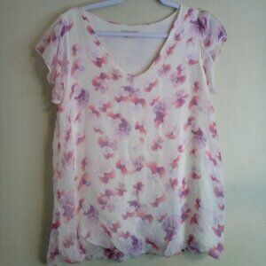 Giusy Italy Blouse Women M Short Sleeve Silk Floral Feminine White Pink